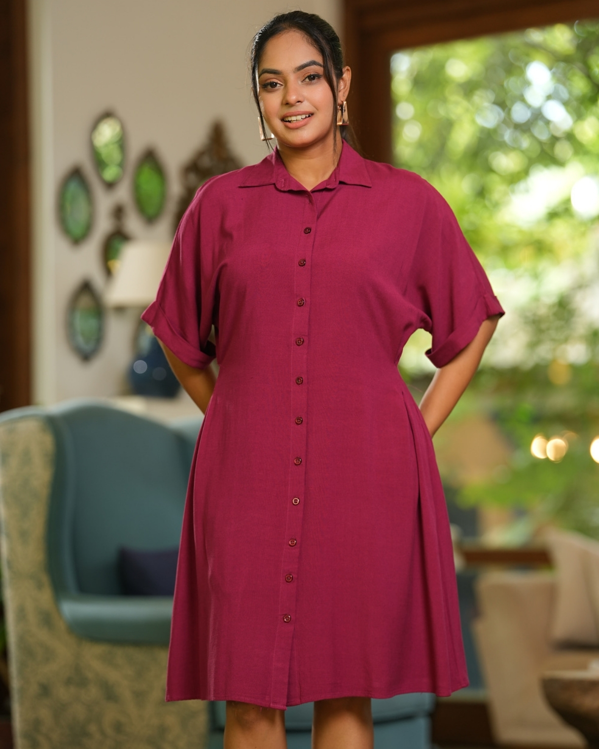 Side Pleated Button-Down Short Dress - Image 2