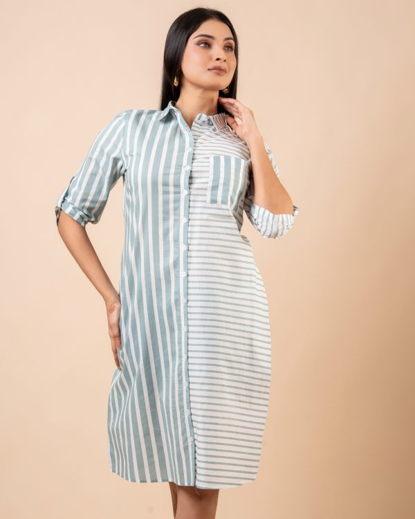 Patch Pocket Detail Striped Short Shirt Dress - Image 3