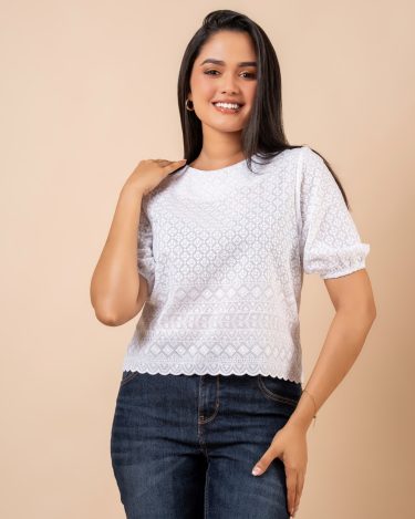 Scallop Hem Detail Puff Sleeve Blouse