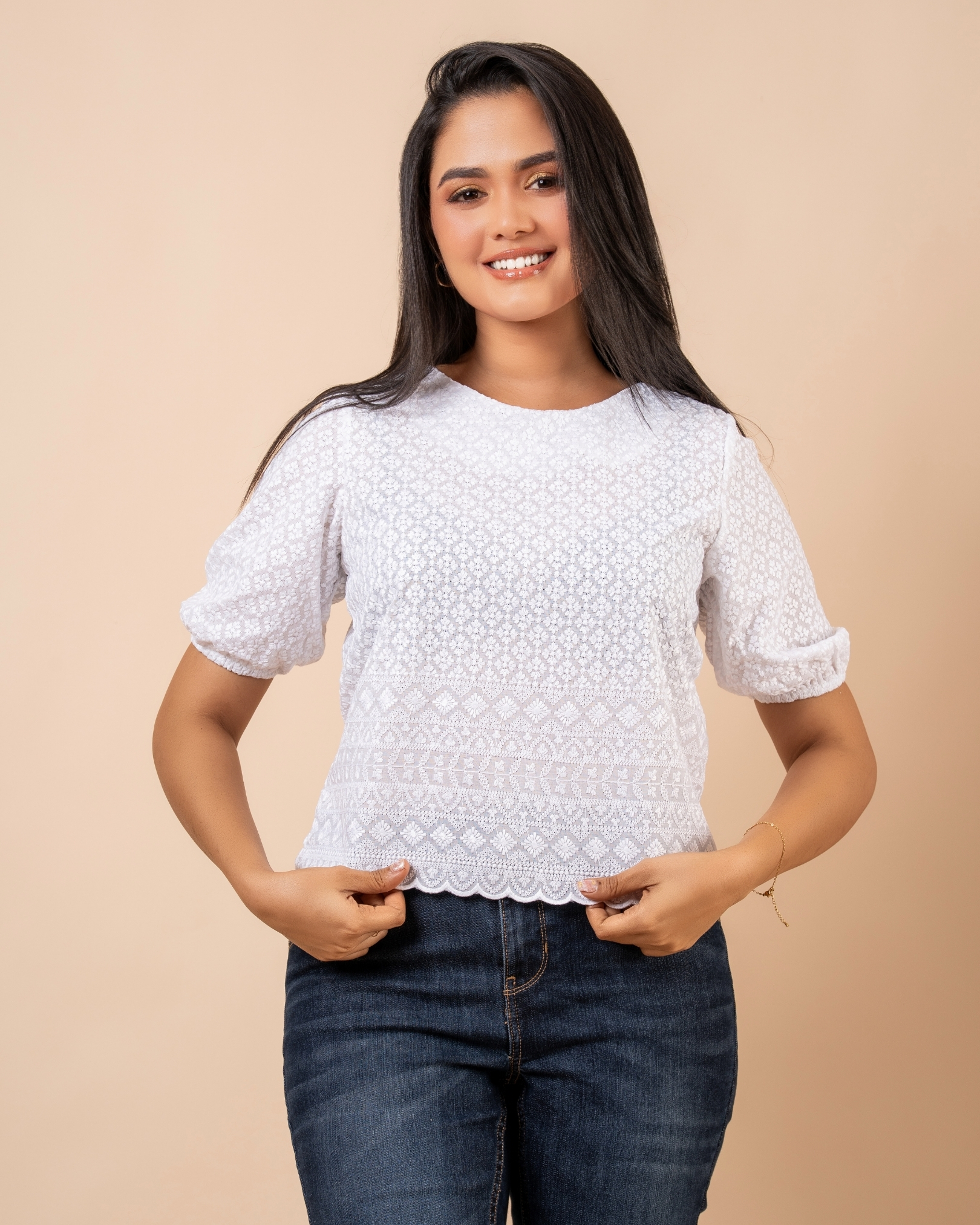 Scallop Hem Detail Puff Sleeve Blouse - Image 2