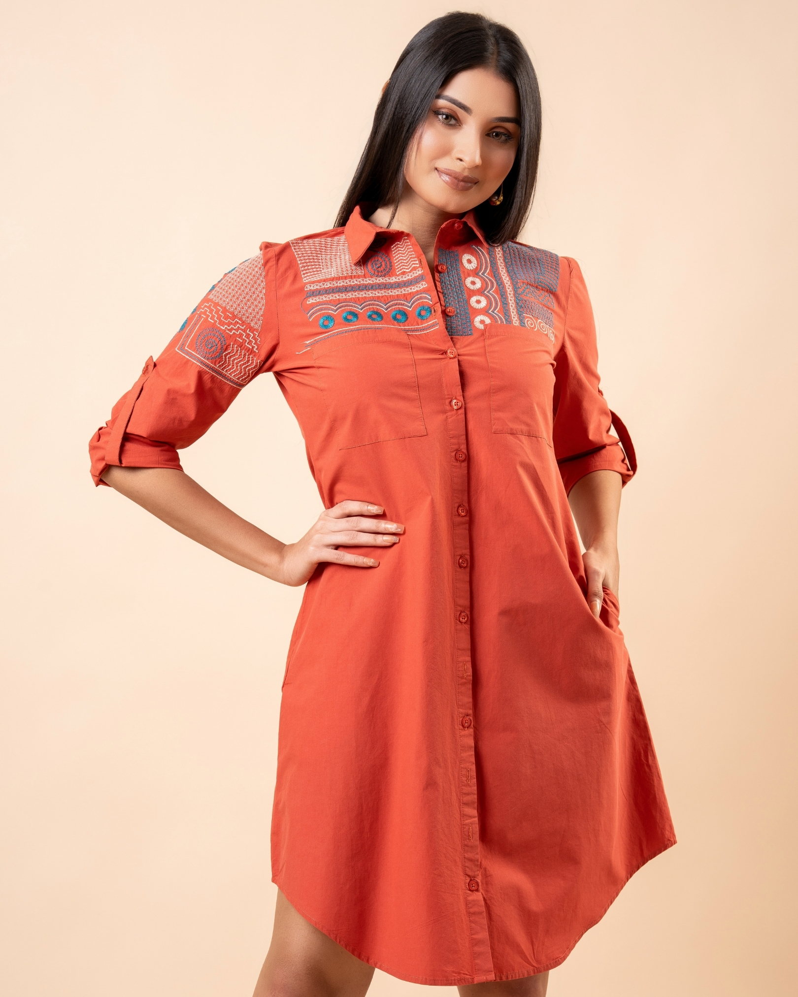 Embroidery Detail Short Shirt Dress - Image 5