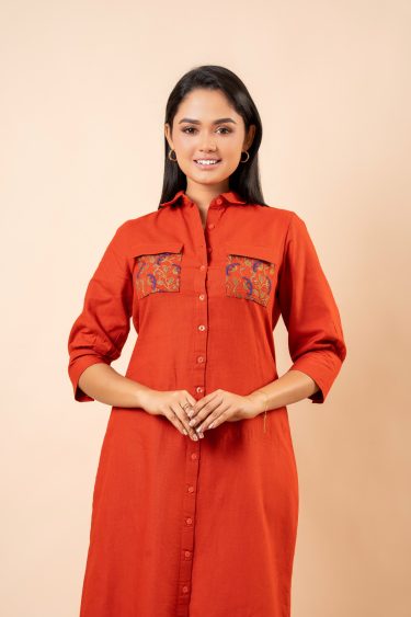 Pocket Embroidery Detail Midi Shirt Dress