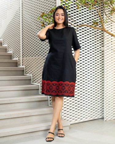 Geometric Embroidered Hem Detail Short Dress