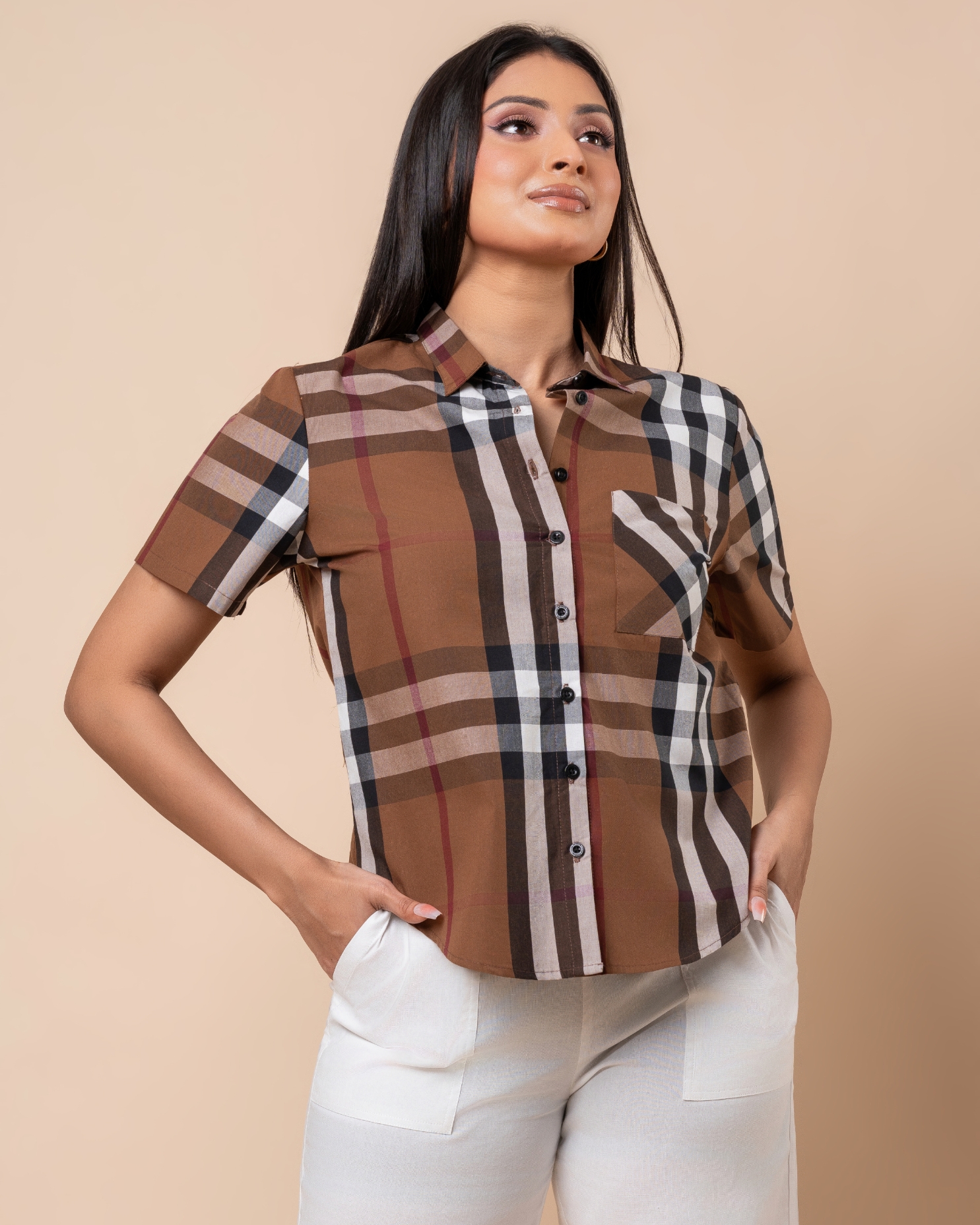 Plaid Patterned Short Sleeve Shirt Blouse - Image 3