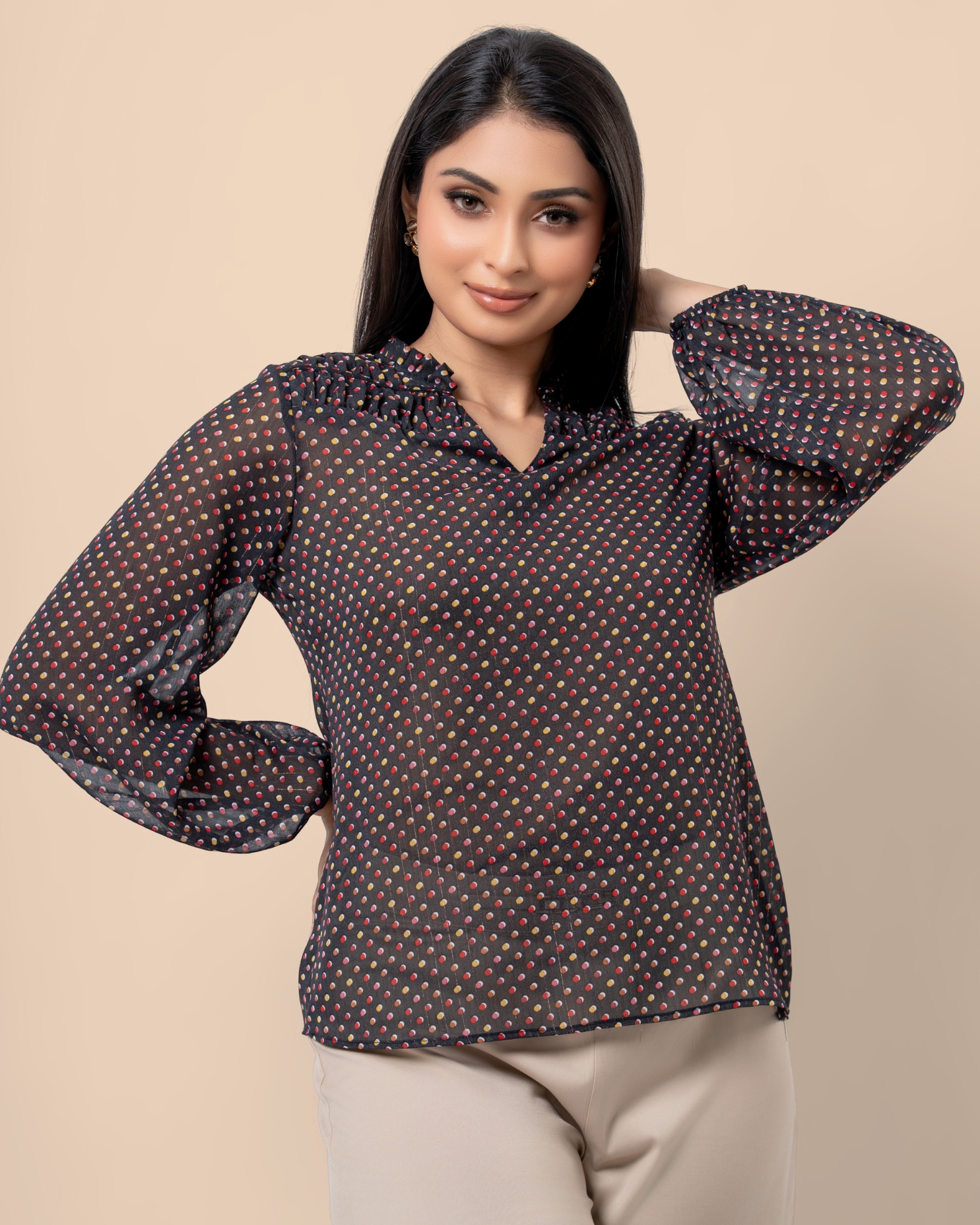 Polka Dot Patterned Long Puff Sleeve Blouse - Image 2