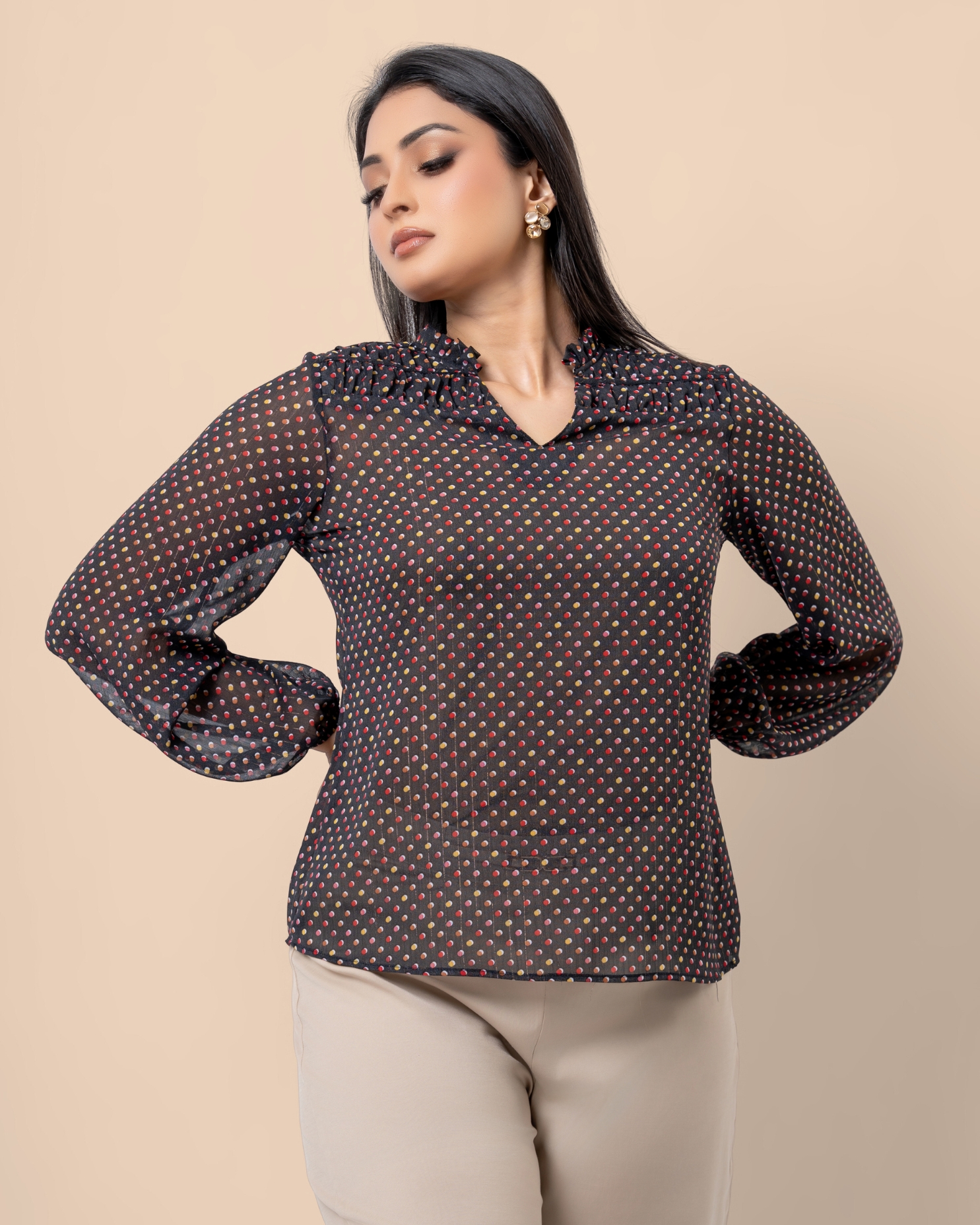 Polka Dot Patterned Long Puff Sleeve Blouse - Image 3