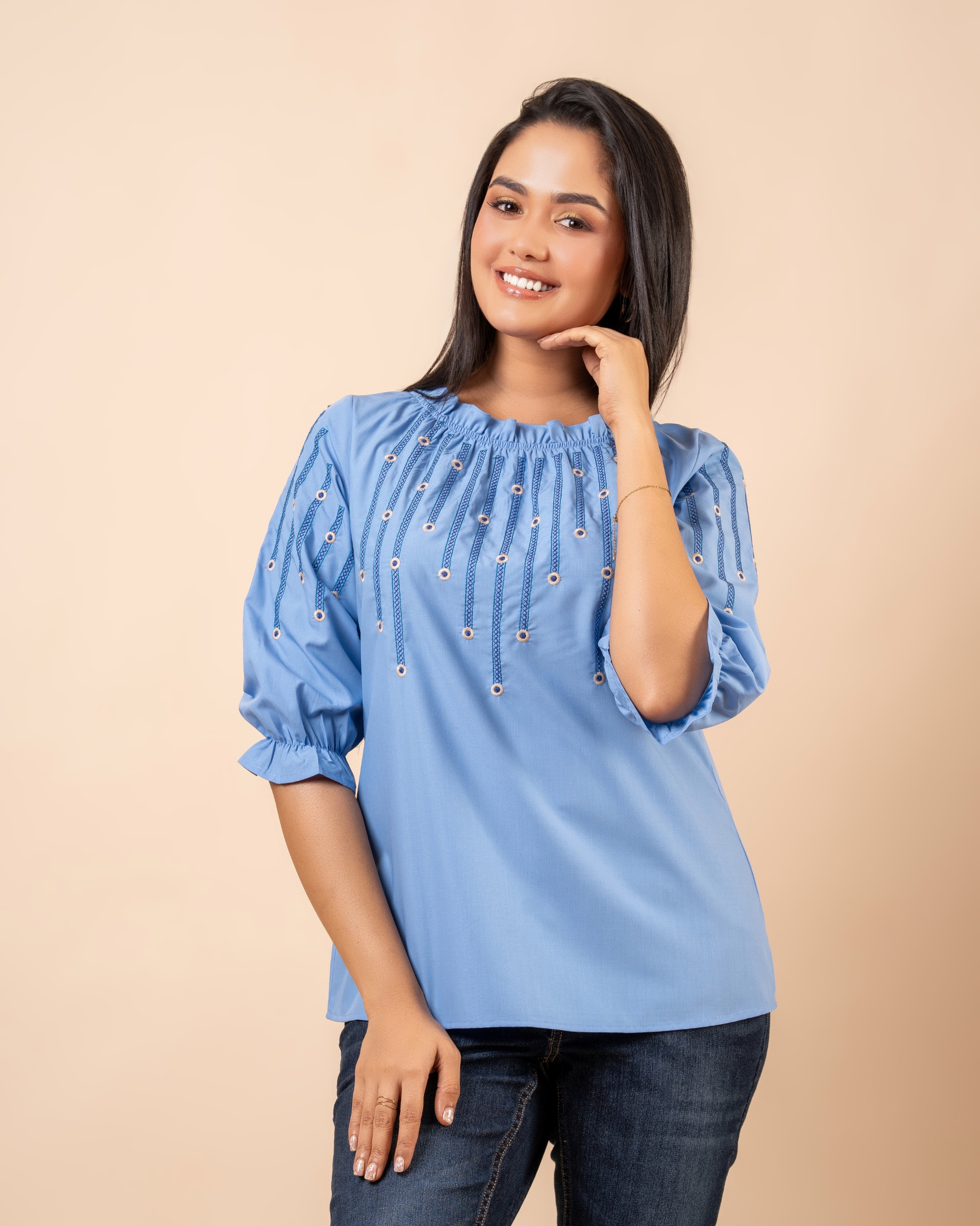 Embroidery Frilled Neck Puff Sleeve Top - Image 2