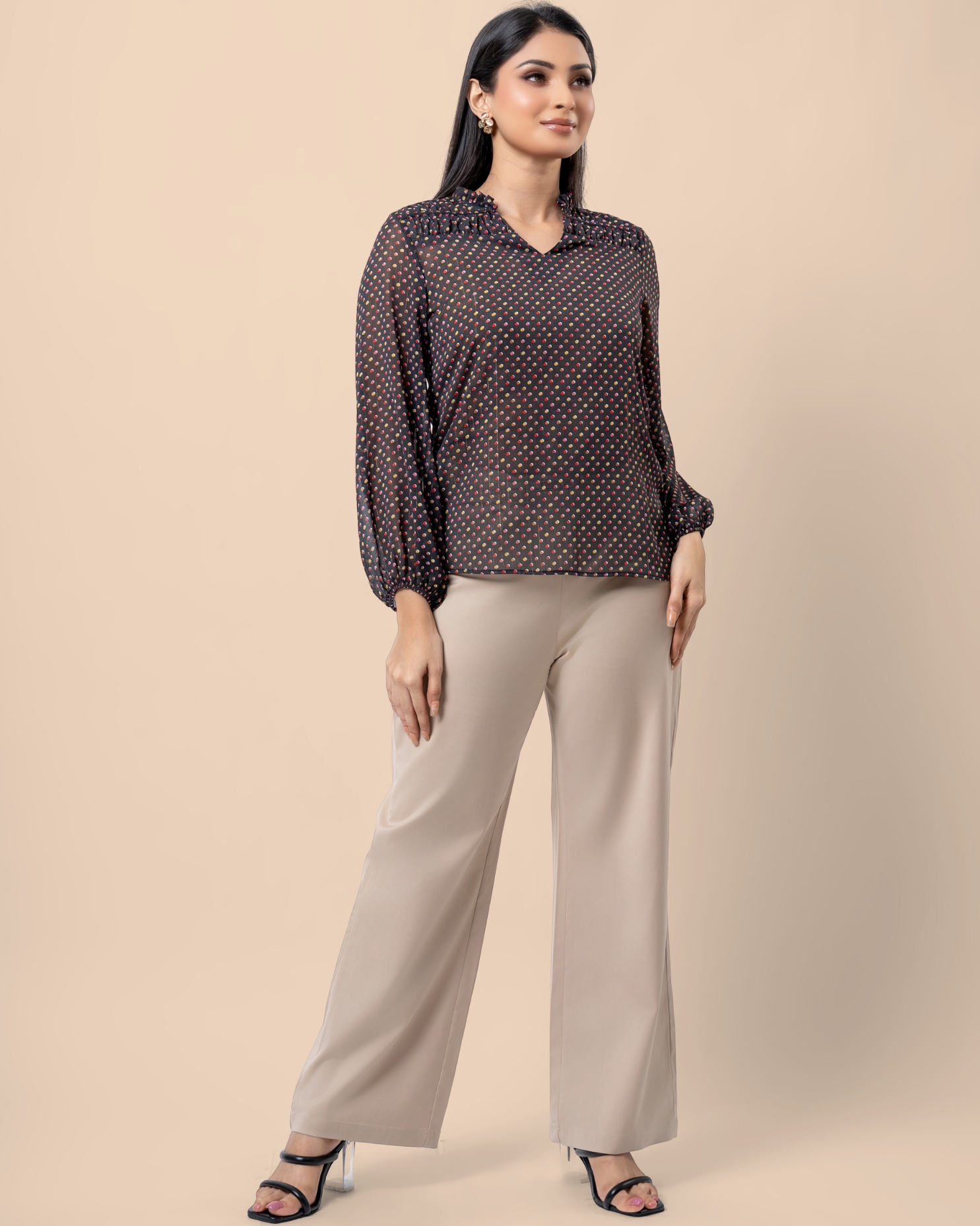 Polka Dot Patterned Long Puff Sleeve Blouse - Image 6