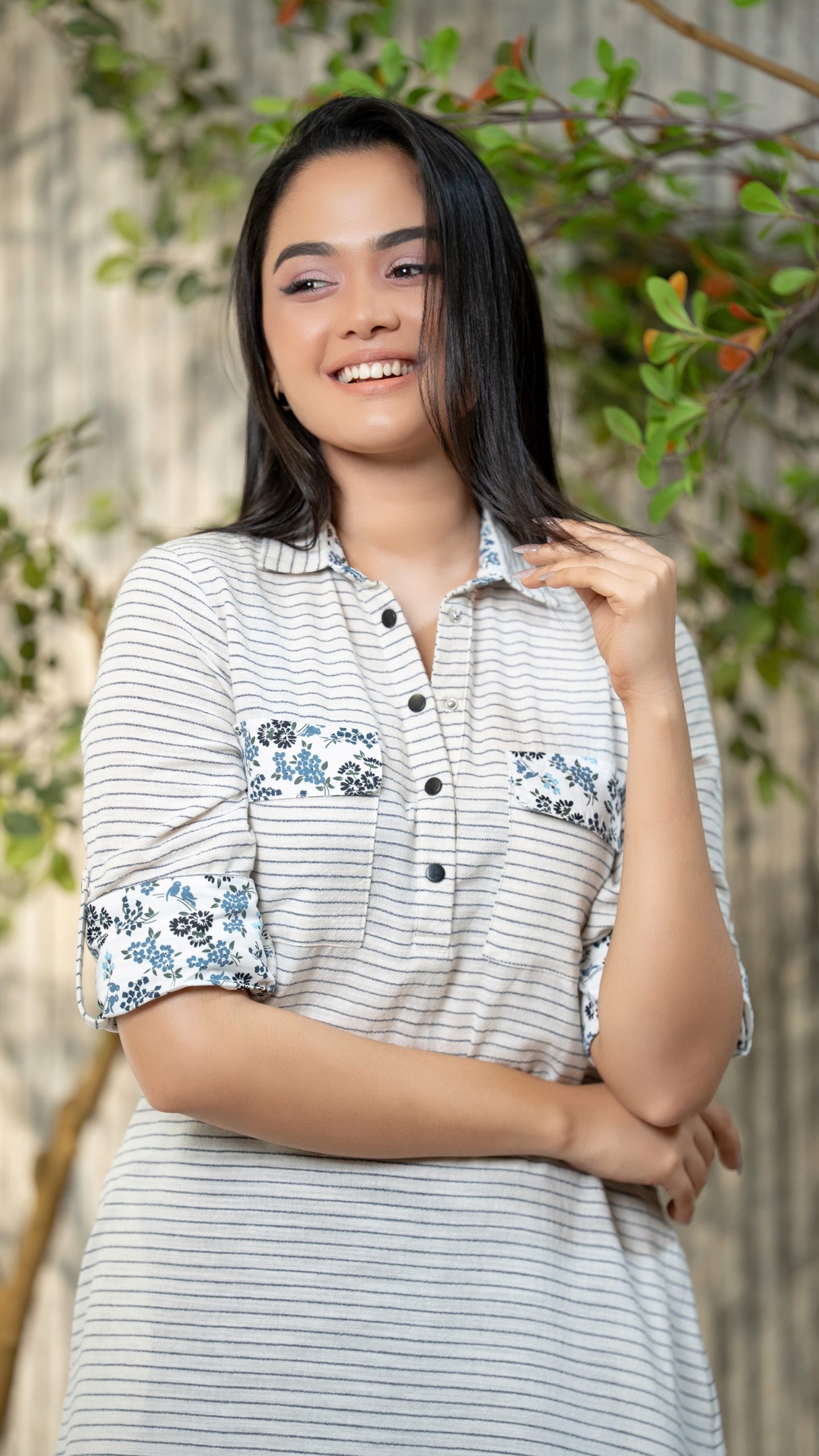 Printed Detaied Double Pocket Striped Midi Dress - Image 3