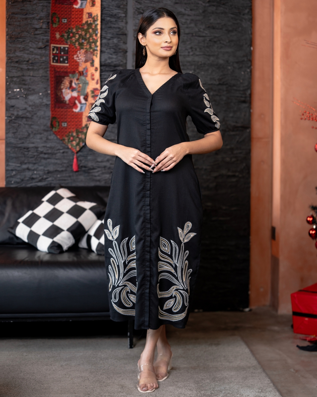 Floral Embroidery Detail Button-Down Midi Dress - Image 4