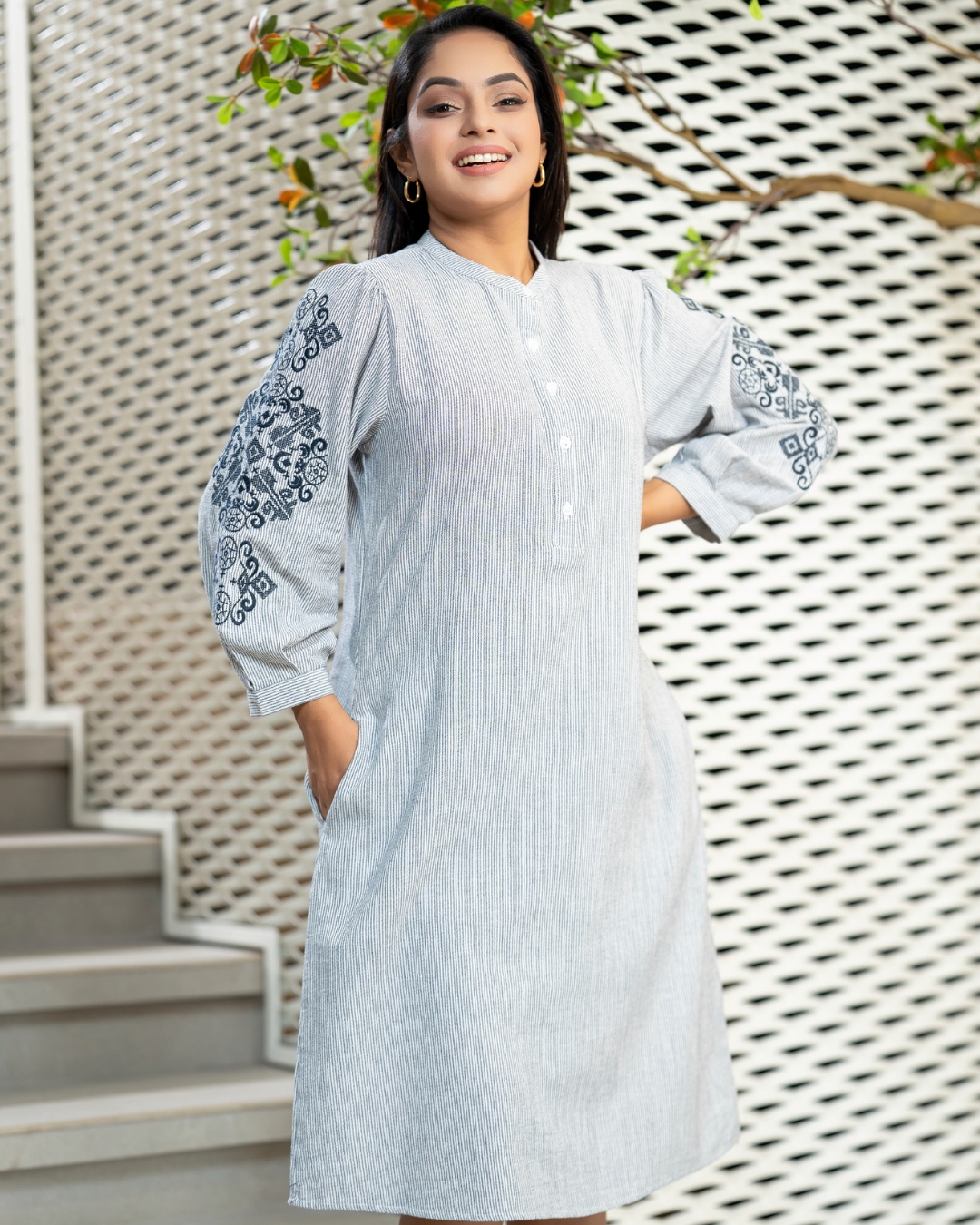 Sleeve Embroidered Striped Short Dress - Image 4