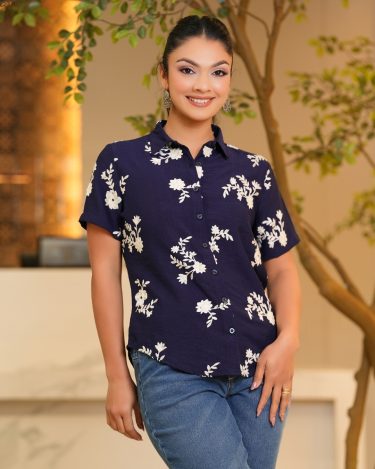 All-Over Floral Embroidered Short Sleeved Shirt Blouse