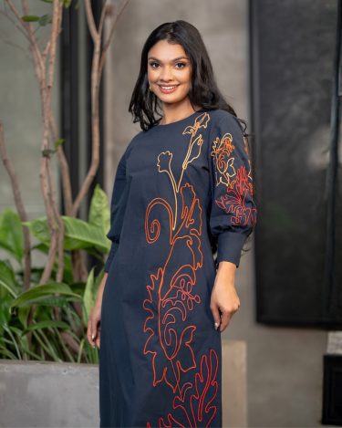 Floral Embroidered Puff Sleeve Midi Dress