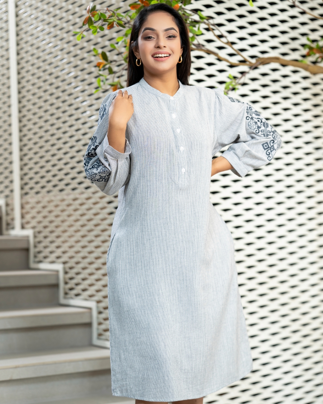 Sleeve Embroidered Striped Short Dress - Image 3