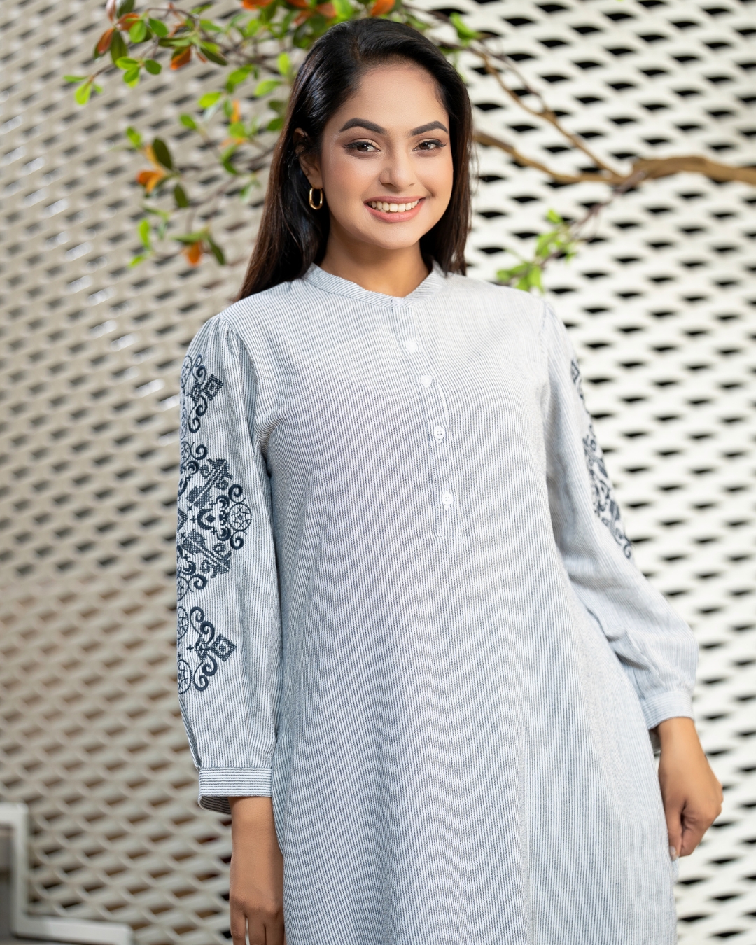 Sleeve Embroidered Striped Short Dress - Image 2