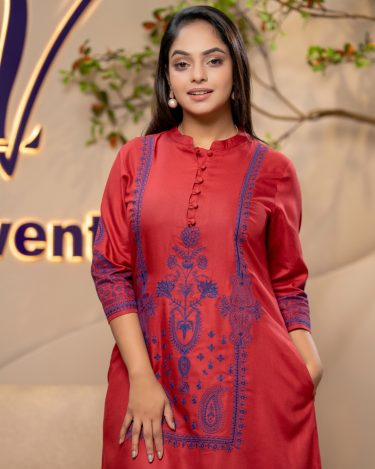 Chinese Collar Button Detail Embroidery Midi Dress