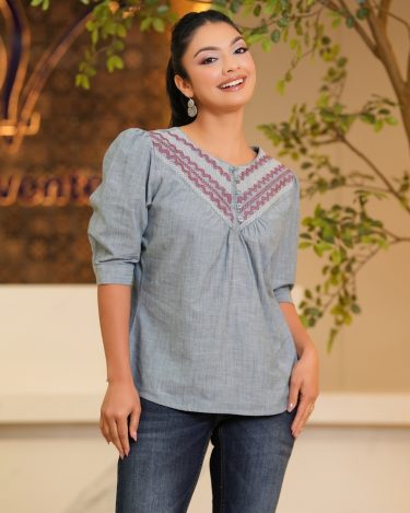 Embroidered V-Yoke Button-Down Blouse