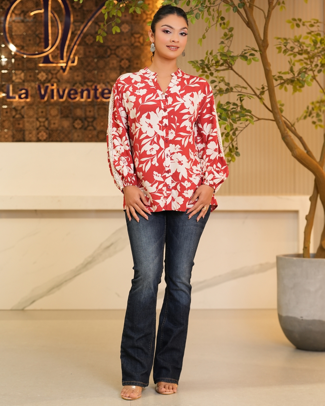 Sleeve Lace Detail Button-Down Blouse