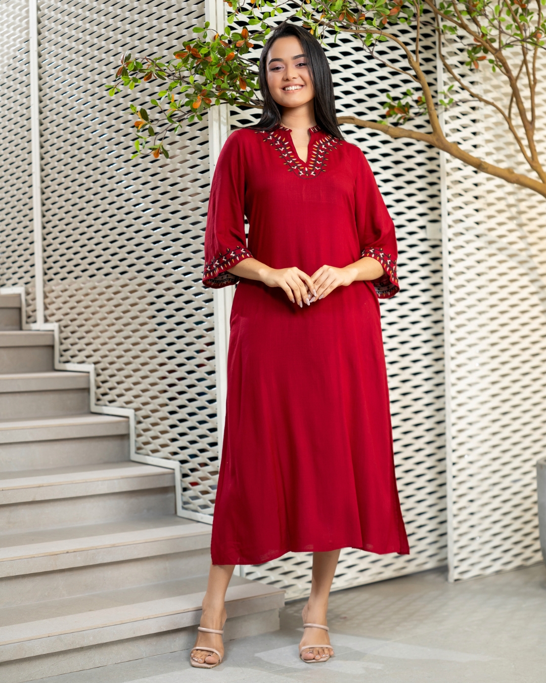 Embroidery Detail Bell Sleeve Midi Dress - Image 5