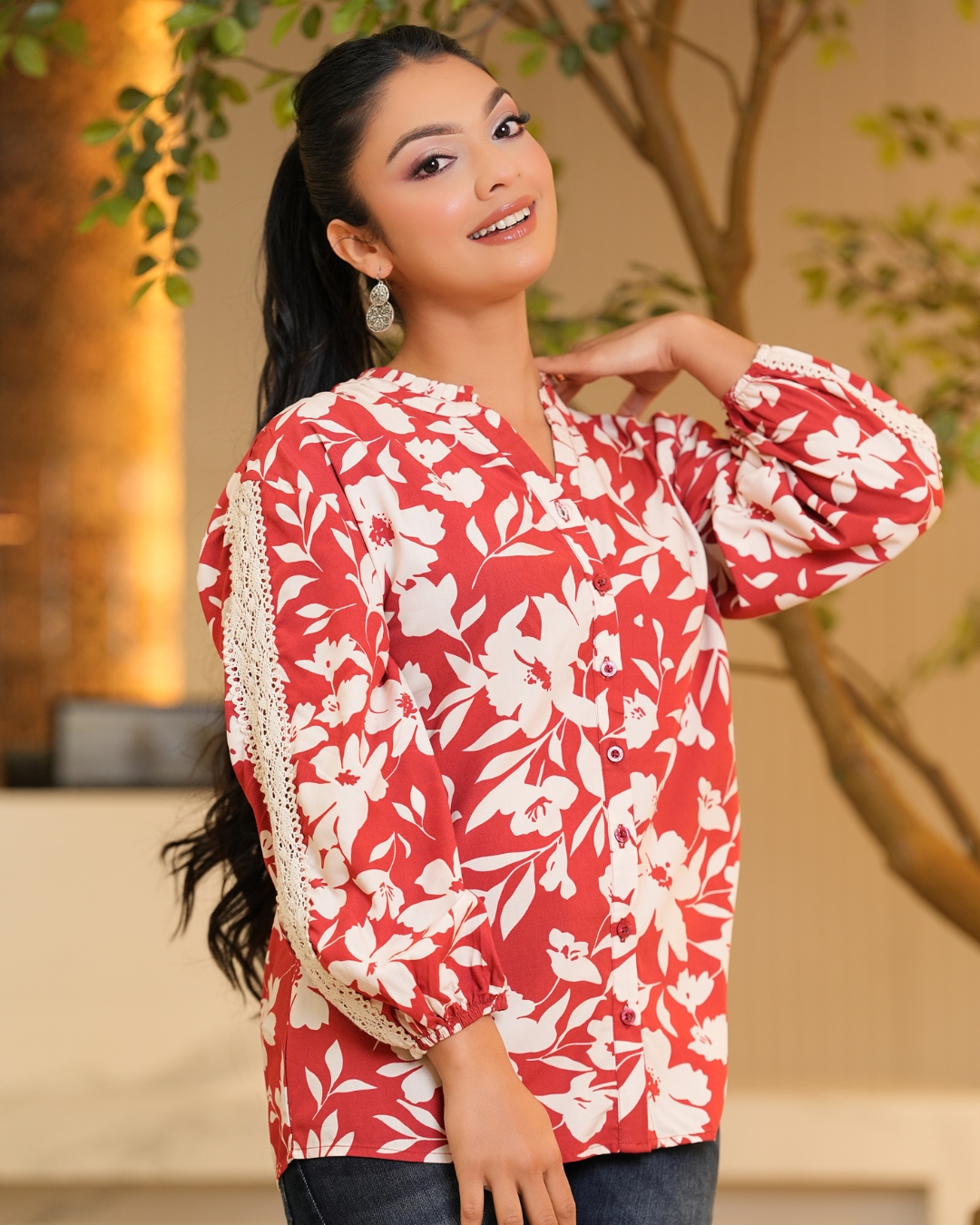 Sleeve Lace Detail Button-Down Blouse - Image 5