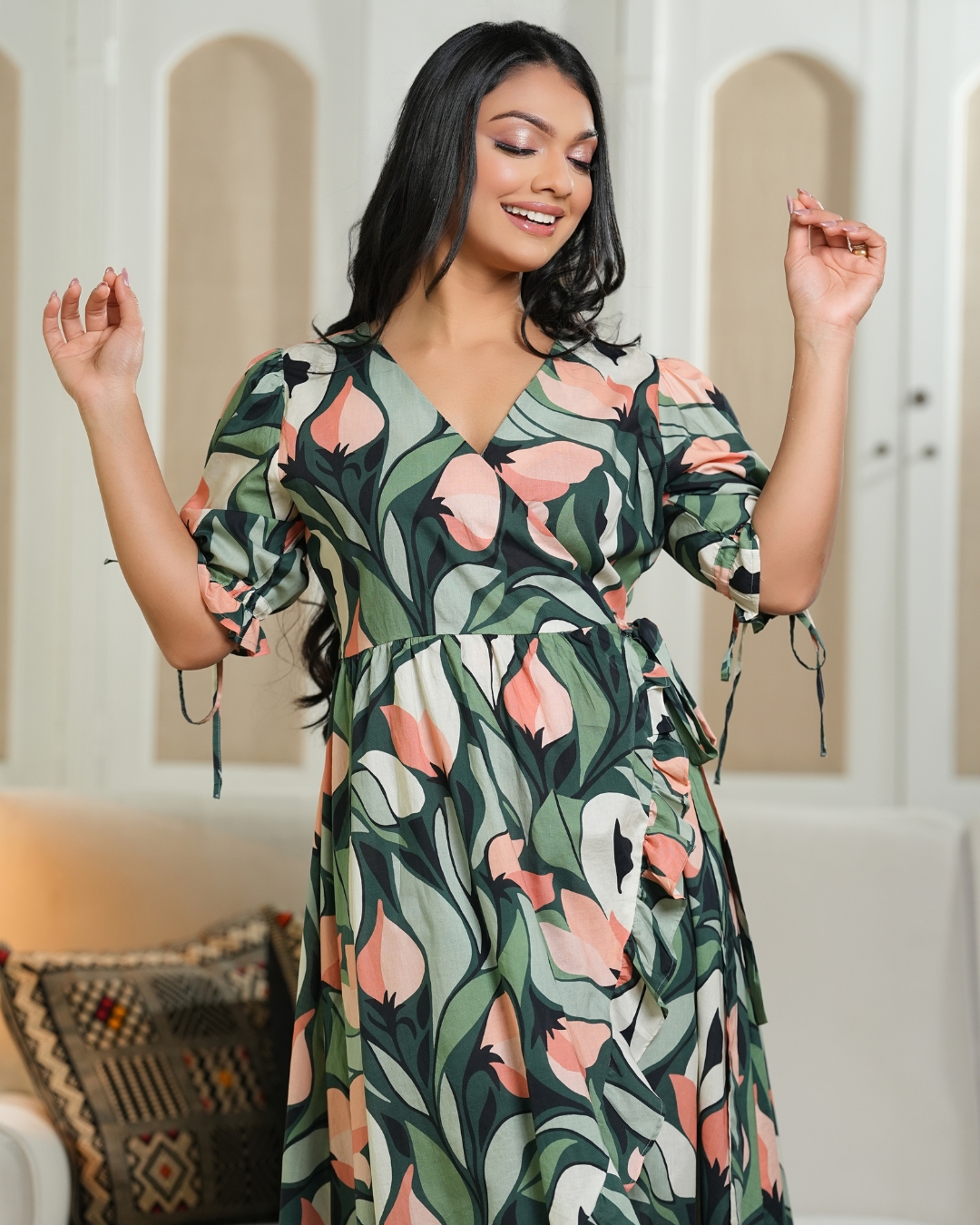 Floral Patterned Front Crossover Detail Maxi Dress - Image 2