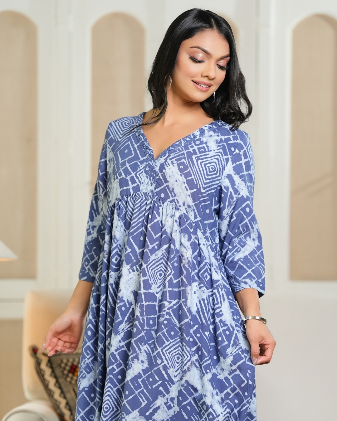 Neck Embellished Abstract Patterned Maxi Dress