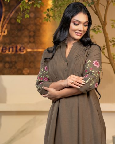 Floral Embroidered Pintuck Detail Short Dress